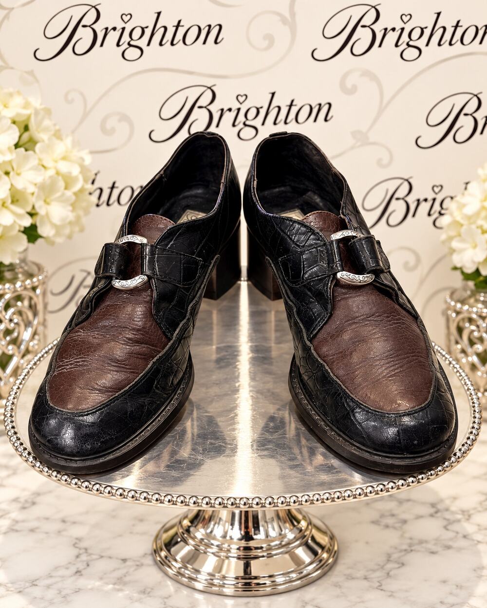 Brighton Kandy Black Brown Leather Croc Embossed Loafers Women’s 8M